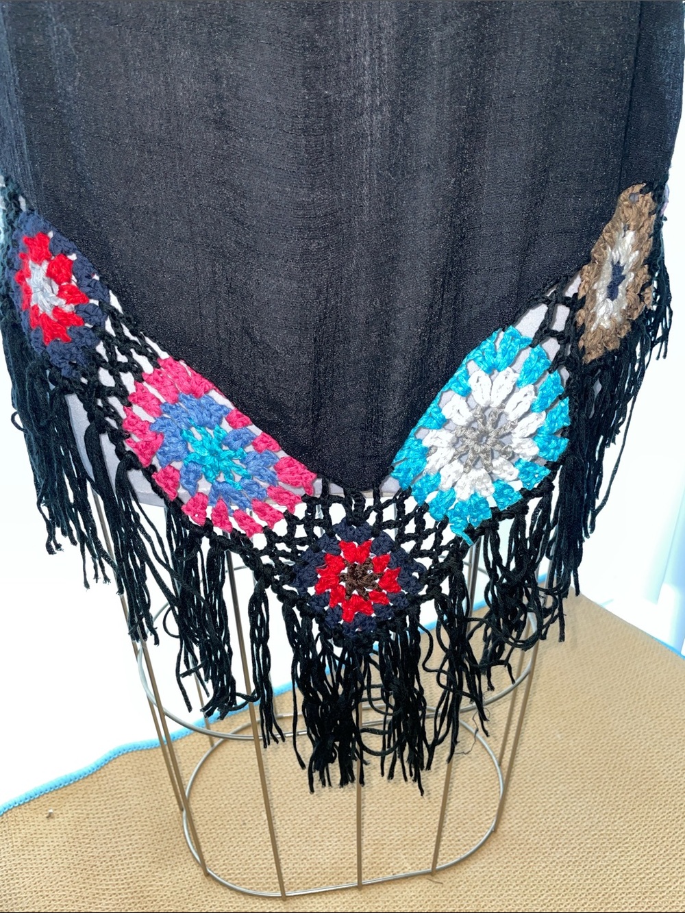 Women’s EUC Black Bohemian V-neck tunic granny square crochet accents - Picture 3 of 7